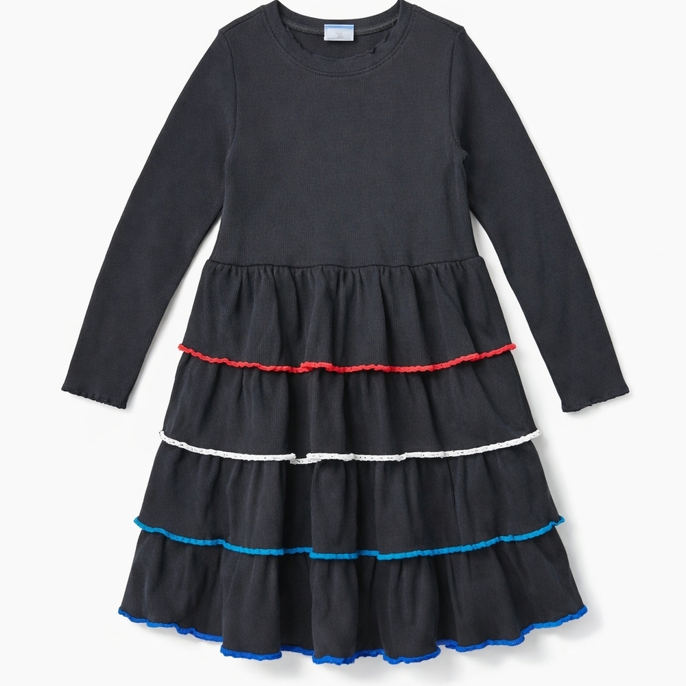 Hanna Andersson Tiered Ruffle Dress Size 130 (8) Navy Ribbed Long Sleeve